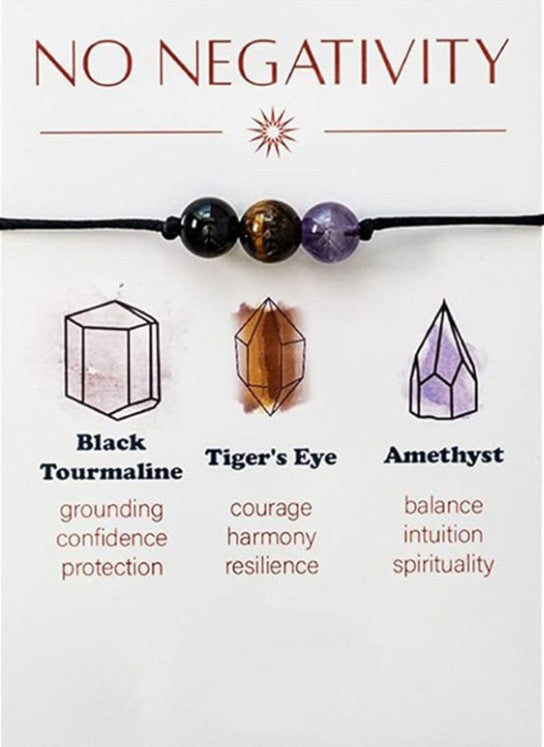 Crystal bracelet with black tourmaline, tiger's eye, and amethyst beads on a white background. Mindfulness and Centering: These pieces often serve as tactile tools—reminders to breathe and refocus during stressful moments, helping you maintain emotional stability and intentionality throughout the day.