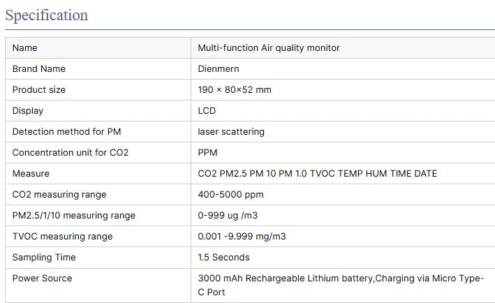 Technical specifications table of a multi-function air quality monitor by Dienmern.