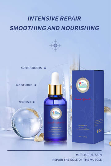 A bottle of Wellness Oil from Well Building Connection – Rose & Lavender on a clear surface with its packaging box in the background, featuring a blue and white color scheme.