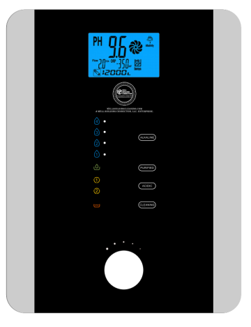 A digital touchscreen display of a Kangen Water 11-Plate Water Ionizer Machine showing pH levels. Well Building Connection's Kagan Water Ionizer. Digital display of a water quality meter with blue screen on a black background.