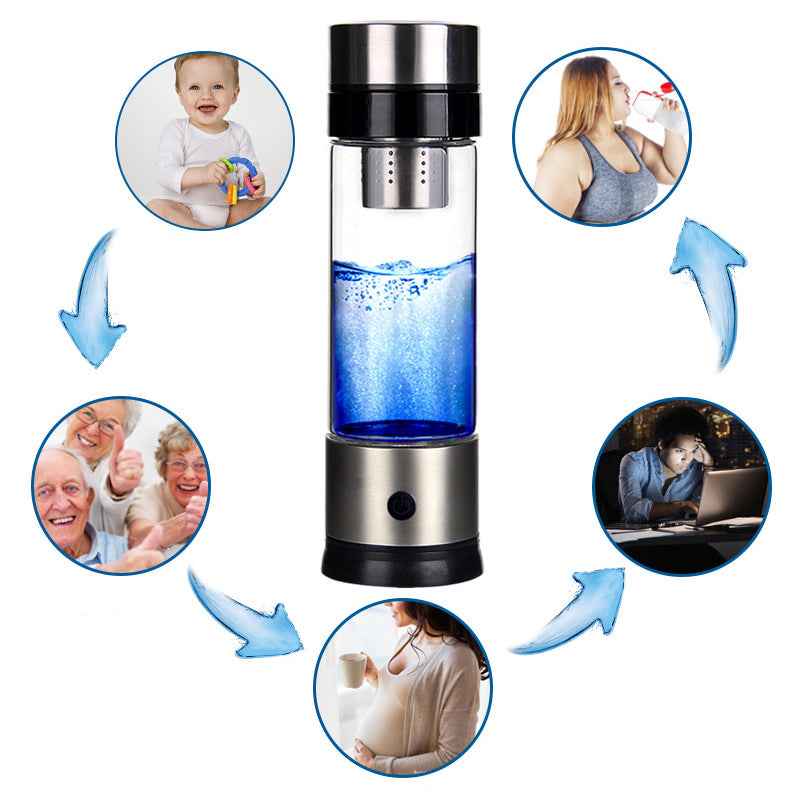 showcasing a blue water bottle with a filter compartment, surrounded by images depicting various people using the bottle or benefiting from its water. The bottle is depicted in use by different individuals in different settings, emphasizing its portability and versatility. Well building connection