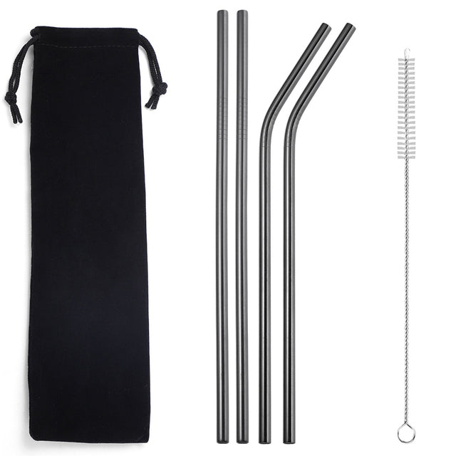 A set of reusable stainless steel straws with a cleaning brush. Well Building Connection