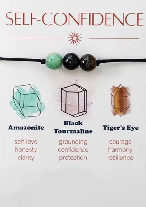 Necklace with beads labeled Amazonite, Black Tourmaline, and Tiger's Eye, each with their respective properties. Purchasing balanced life jewelry (often featuring gemstones, gold, or silver) offers a wearable, tactile reminder to maintain mental clarity, reduce stress, and promote emotional harmony in your daily routine. These pieces are designed to act as mindful, grounding cues for peace and stability, enhancing your overall well-being