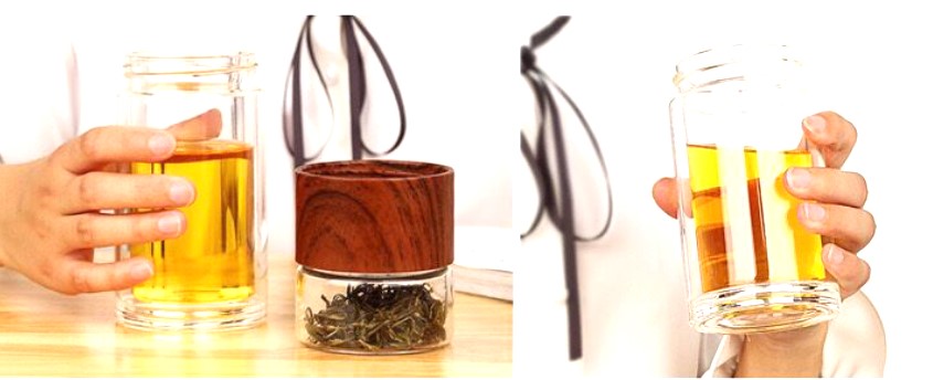 A set of elegant glass tea infuser drinkware with stainless steel infusers, displayed in pink, blue, and clear colors. They are shown with a separation feature for tea water. From Well Building Connection