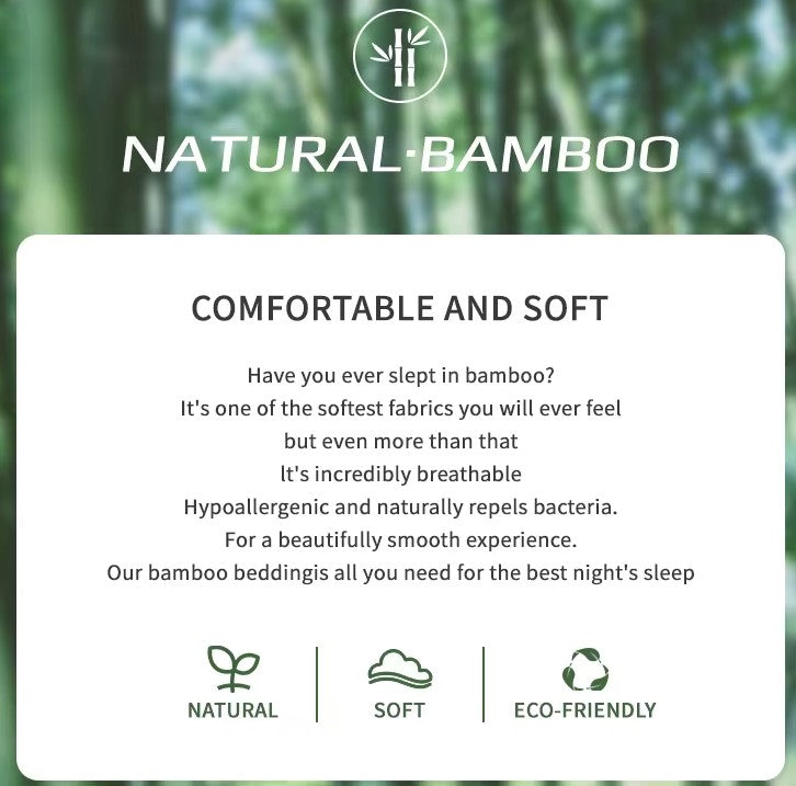 Organic Viscose Bamboo Bedding Sheets Set displayed on a bed, showcasing the fitted sheet, flat sheet, and pillowcases. The sheets are beige, and the image includes icons indicating various product features such as being eco-friendly, breathable, and soft. Well Building Connection Luxurious Bed Sheets