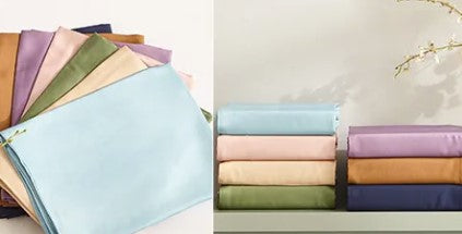 Organic Viscose Bamboo Bedding Sheets Set displayed on a bed, showcasing the fitted sheet, flat sheet, and pillowcases. The sheets are beige, and the image includes icons indicating various product features such as being eco-friendly, breathable, and soft. Well Building Connection Luxurious Bed Sheets