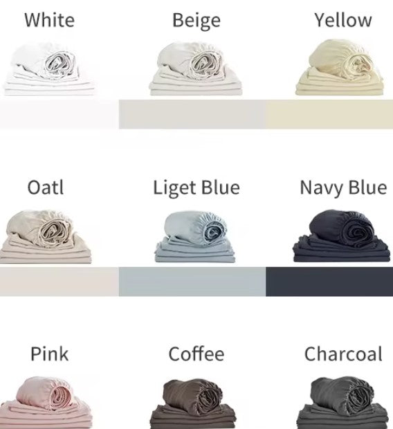 Organic Viscose Bamboo Bedding Sheets Set displayed on a bed, showcasing the fitted sheet, flat sheet, and pillowcases. The sheets are beige, and the image includes icons indicating various product features such as being eco-friendly, breathable, and soft. Well Building Connection Luxurious Bed Sheets