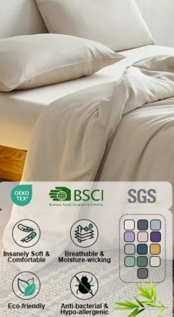 Organic Viscose Bamboo Bedding Sheets Set displayed on a bed, showcasing the fitted sheet, flat sheet, and pillowcases. The sheets are beige, and the image includes icons indicating various product features such as being eco-friendly, breathable, and soft. Well Building Connection Luxurious Bed Sheets