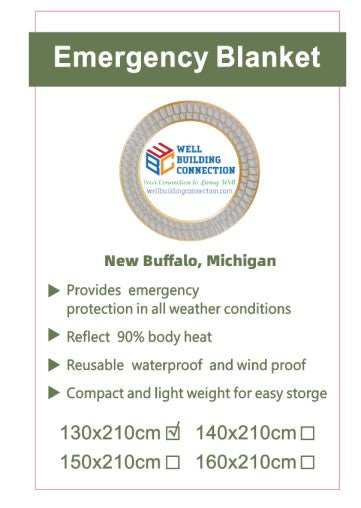 Circular silver emergency Mylar thermal blanket with a red stripe, packaged in a cardboard sleeve with branding and product information. Well building connection Emergency Mylar Thermal Survival and Camping Blankets

Stay warm, dry, and protected in any situation with the Well Emergency Mylar Thermal Survival and Camping Blankets. 