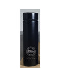 A black insulated stainless steel water bottle with an LED temperature display and a white circular Well Building Connection logo on the front. 