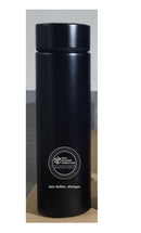 A black insulated stainless steel water bottle with an LED temperature display and a white circular Well Building Connection logo on the front.