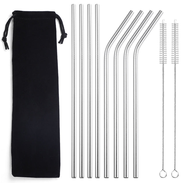 A set of reusable stainless steel straws with a cleaning brush. Well Building Connection