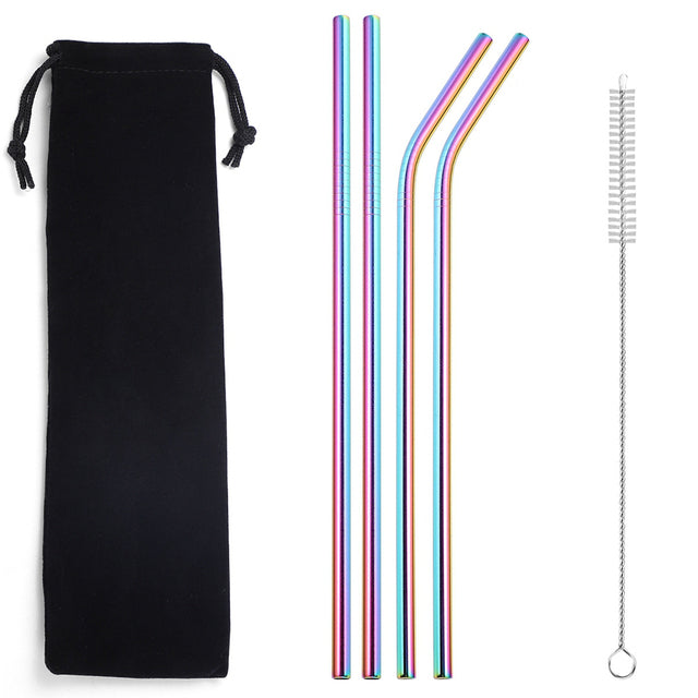 A set of reusable stainless steel straws with a cleaning brush. Well Building Connection