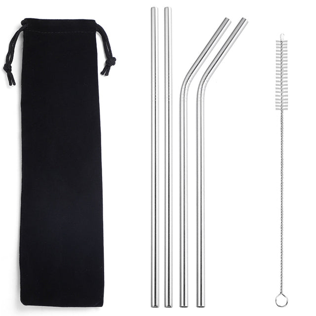 A set of reusable stainless steel straws with a cleaning brush. Well Building Connection